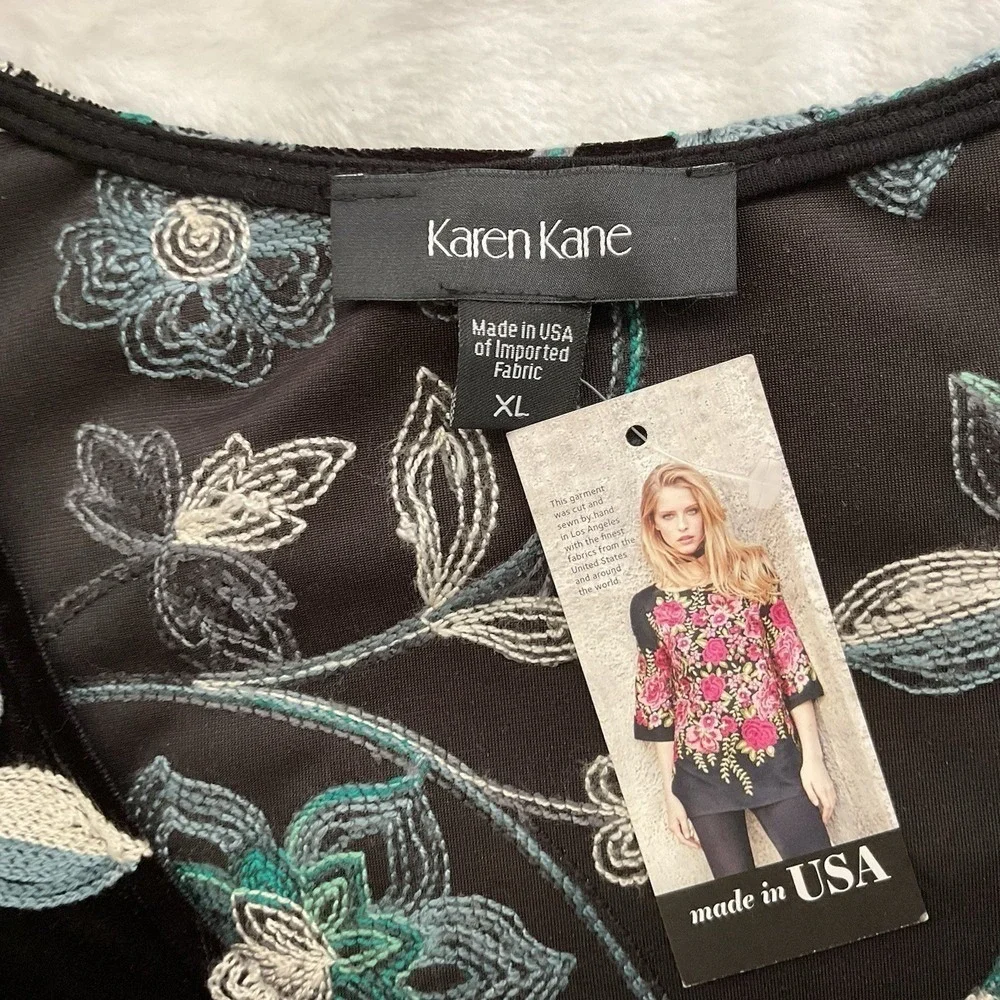 Karen Kane NWT Sz XL Black Green STRETCH Embroidered Velvet Bell Slv $128 MSRP - Picture 9 of 12
